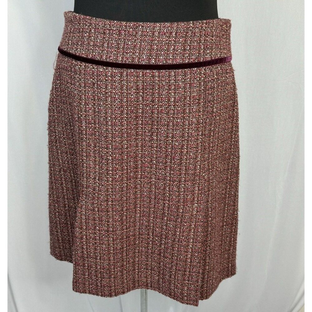 Kenneth Cole Burgundy Tweed Wool Blend Pleated Skirt Velvet Trim & Bow Sz 10
